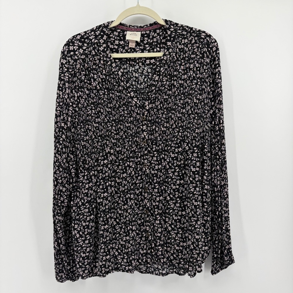 Knox Rose Womens Large Black Floral Blouse Smocked V-Neck Button Front Boho Top